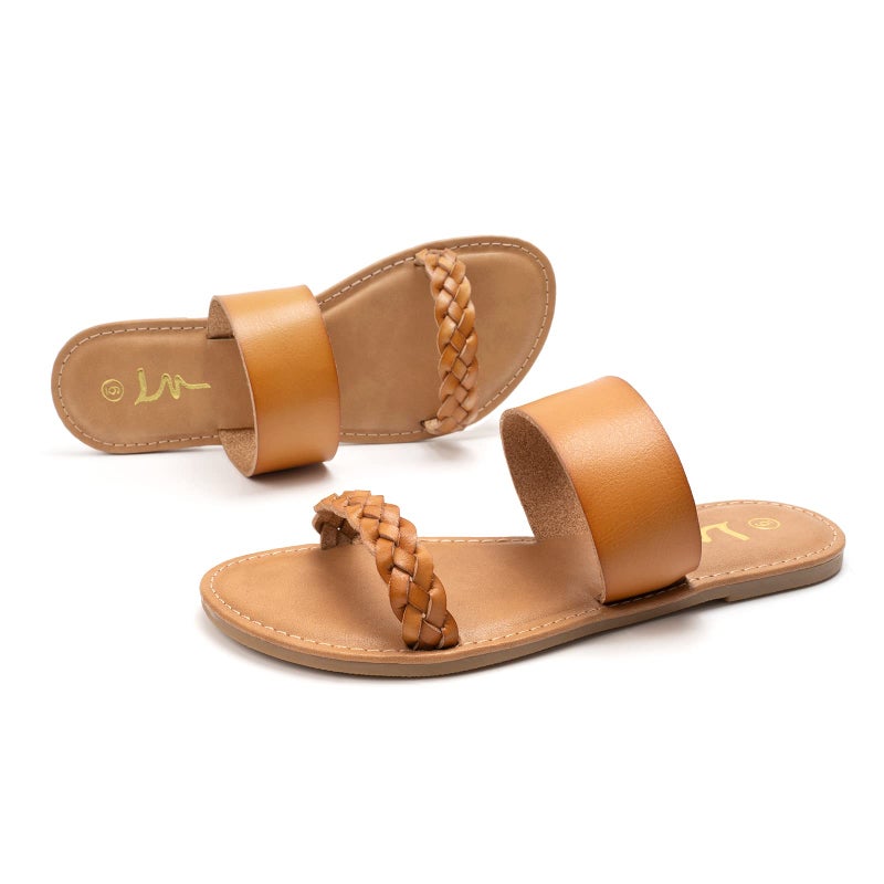 LM Women's Braided Slide Sandals Open Toe Two Strap Slip On Flat Sandals Casual Summer Shoes (10, Brown) - Image 5